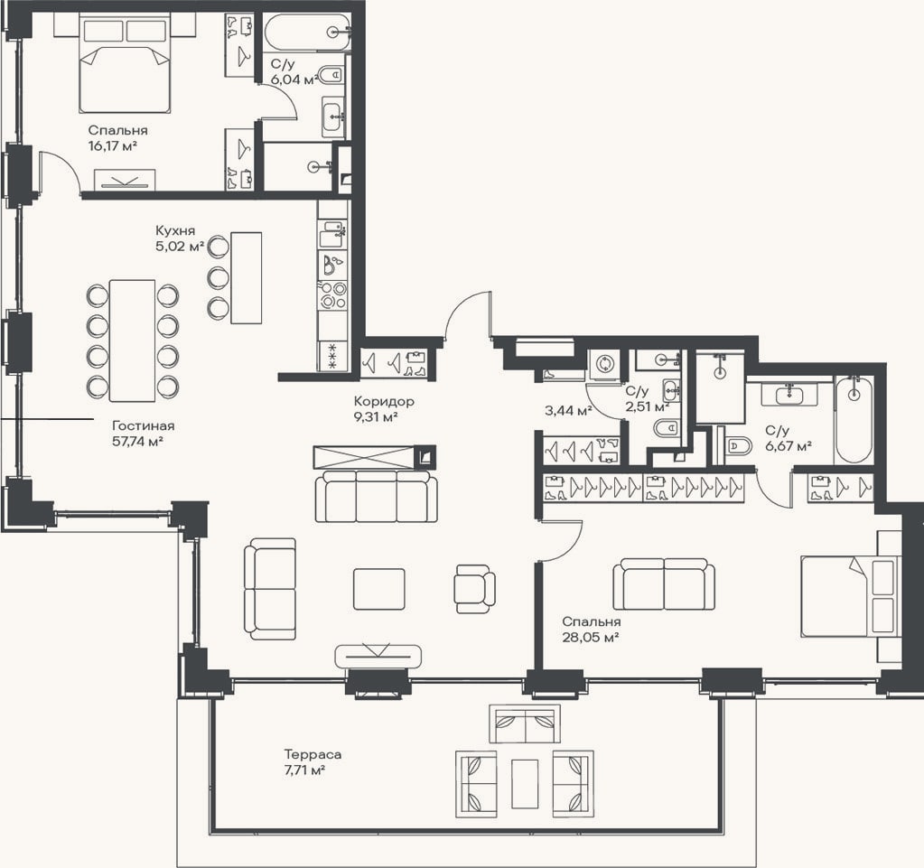 Планировка: 3-к, 135 м²