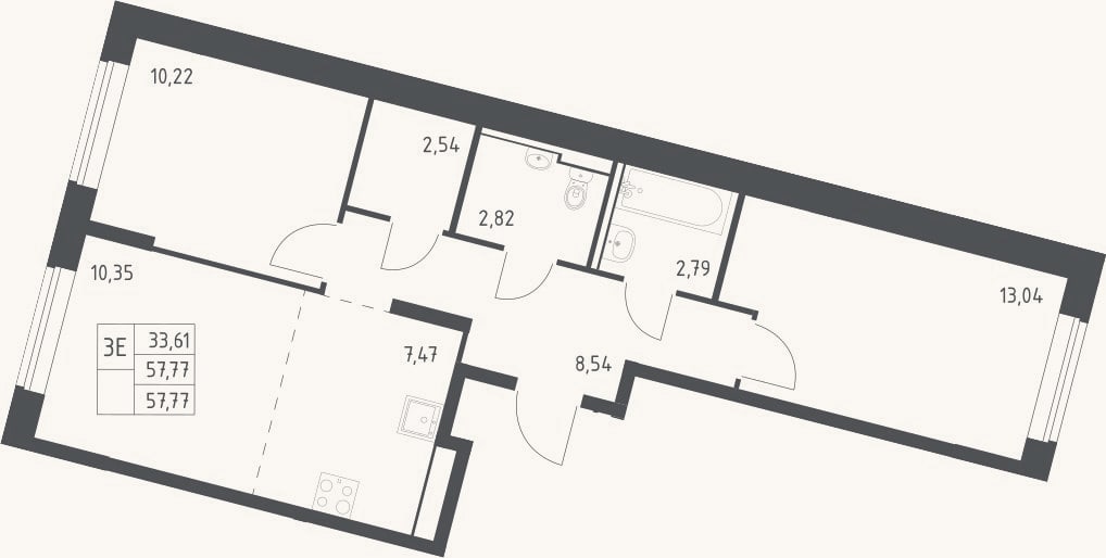 Планировка: 3-к, 57,8 м²