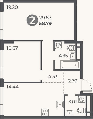 Планировка: 2-к, 58,8 м²