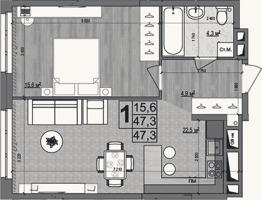 Планировка: 2-к, 47,3 м²
