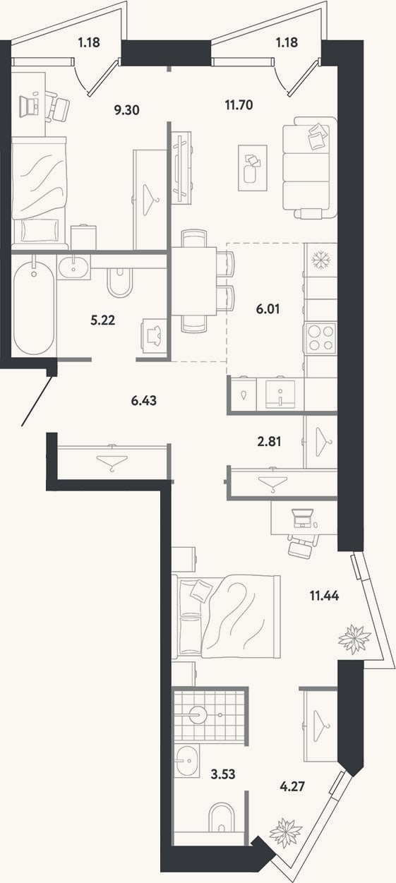 Планировка: 2-к, 60,7 м²