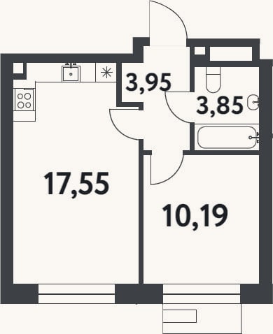 Планировка: 1-к, 35,5 м²