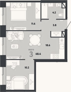Планировка: 3-к, 48,4 м²