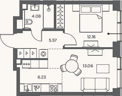 Планировка: 2-к, 41,1 м²
