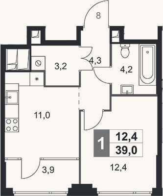 Планировка: 1-к, 35,1 м²