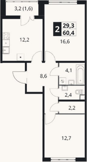 Планировка: 2-к, 58,8 м²