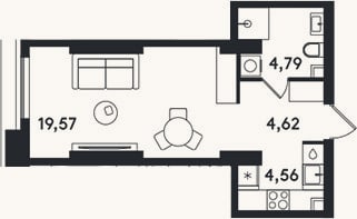 Планировка: Студия, 33,5 м²