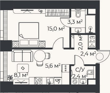 Планировка: 2-к, 38,8 м²