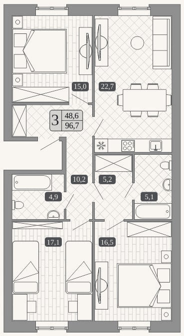 Планировка: 4+ к, 96,7 м²
