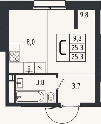 Планировка: Студия, 25,3 м²