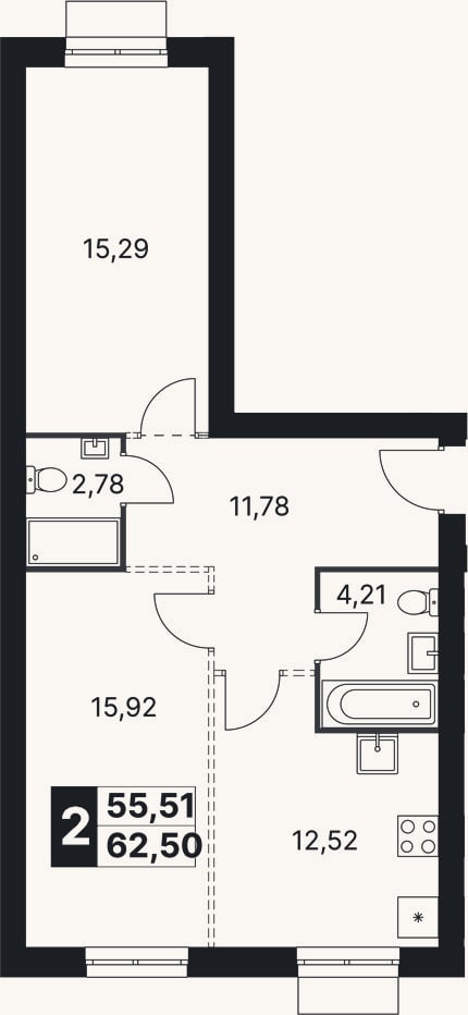 Планировка: 2-к, 62,5 м²