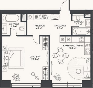 Планировка: 2-к, 55,7 м²