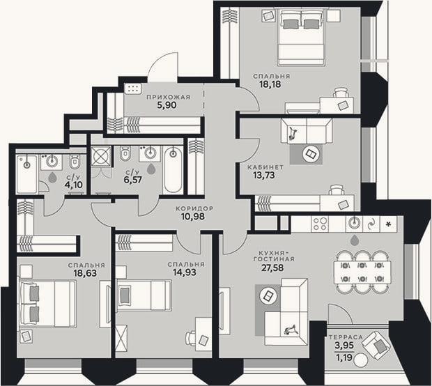 Планировка: 4+ к, 120,6 м²