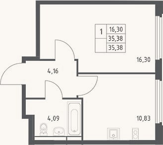 Планировка: 1-к, 35,4 м²