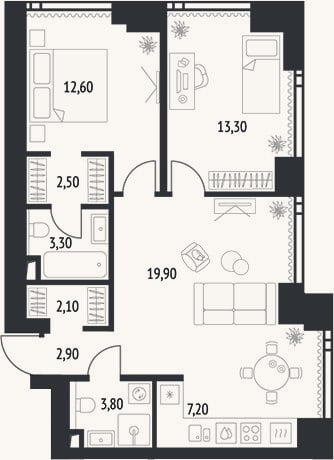 Планировка: 3-к, 70,7 м²