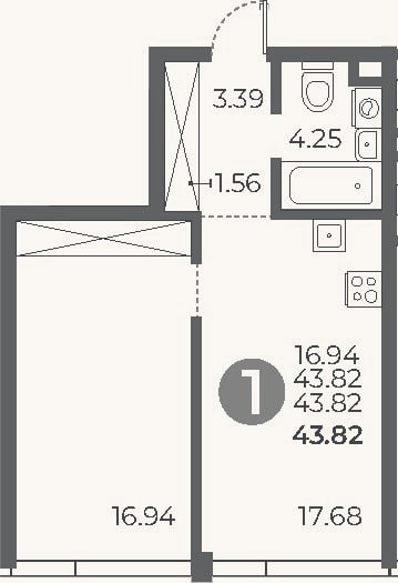 Планировка: 1-к, 43,8 м²
