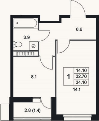 Планировка: 1-к, 32,7 м²