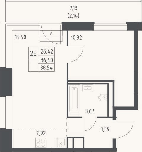 Планировка: 2-к, 36,4 м²