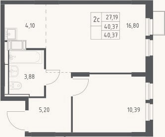 Планировка: 2-к, 40,4 м²