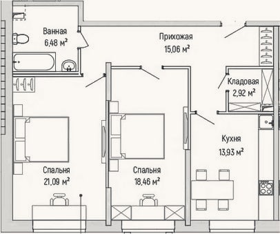 Планировка: 2-к, 77,9 м²