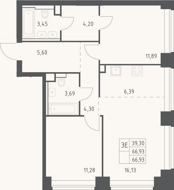 Планировка: 3-к, 66,9 м²