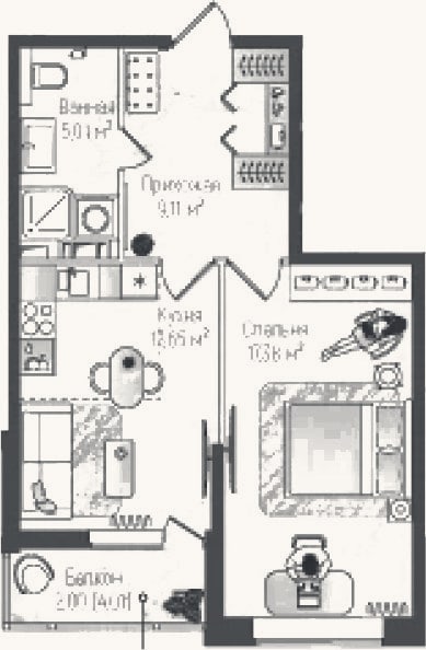 Планировка: 1-к, 45,2 м²
