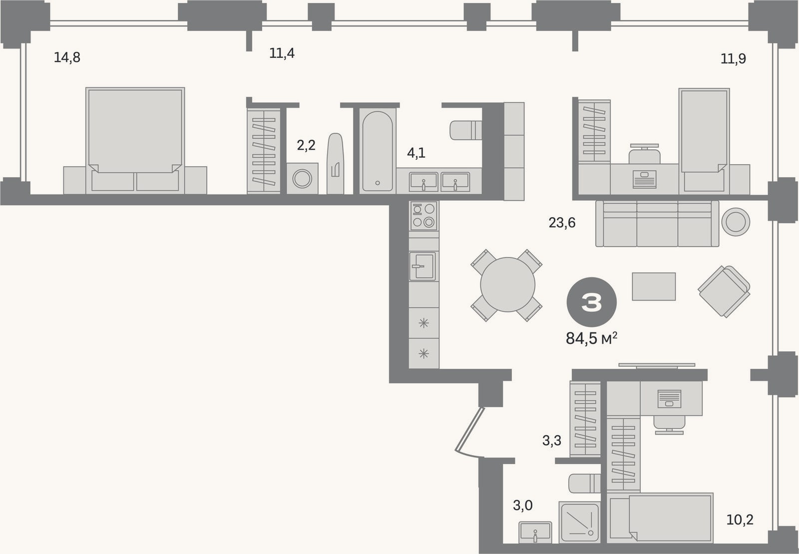 Планировка: 3-к, 84,5 м²