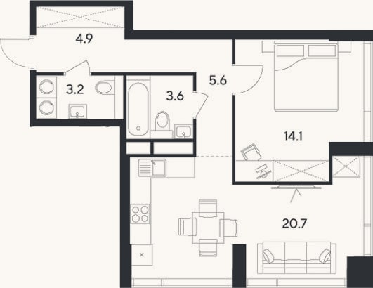Планировка: 2-к, 52,1 м²