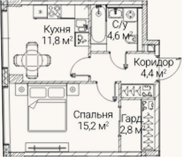 Планировка: 1-к, 38,8 м²