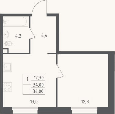 Планировка: 1-к, 34 м²