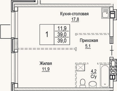 Планировка: 2-к, 39 м²