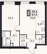 Планировка: 2-к, 57,4 м²