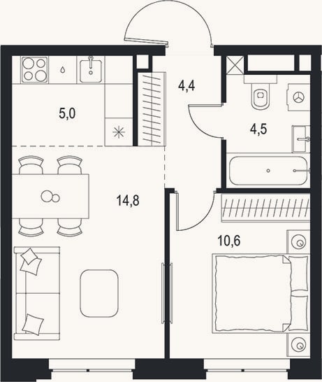 Планировка: 2-к, 39,3 м²
