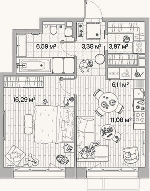 Планировка: 2-к, 47,4 м²
