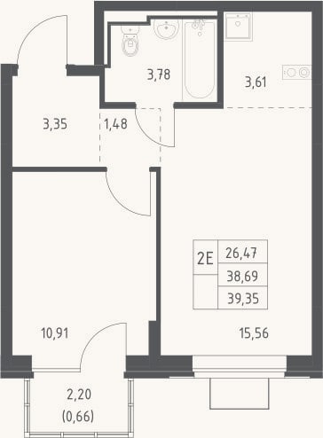 Планировка: 2-к, 38,7 м²