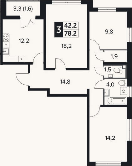 Планировка: 3-к, 76,6 м²
