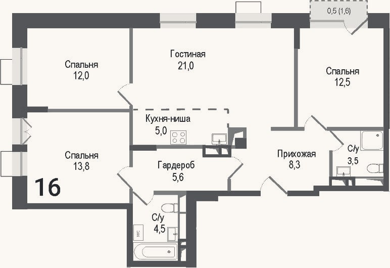 Планировка: 4+ к, 86,2 м²