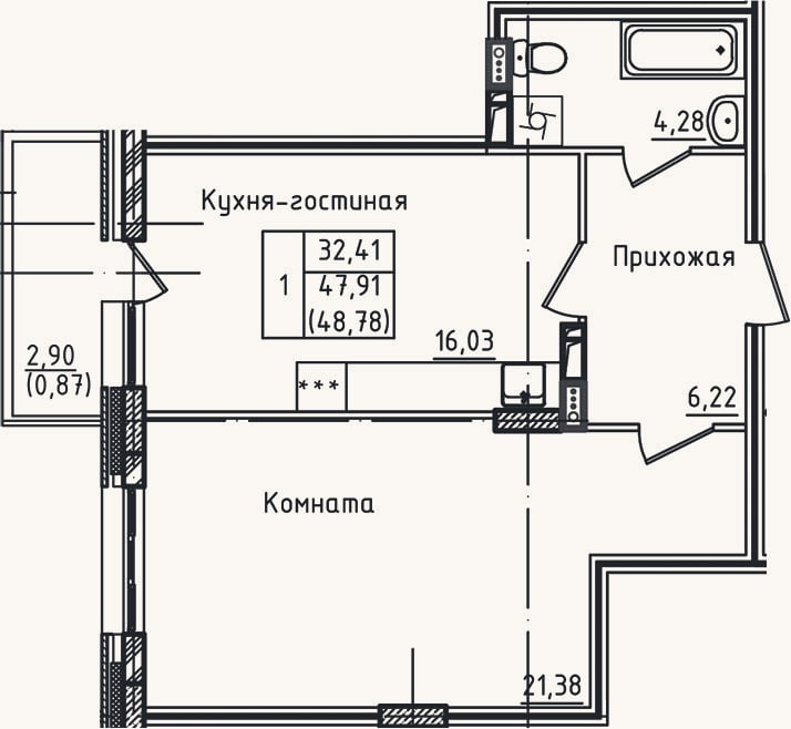 Планировка: 2-к, 47,9 м²