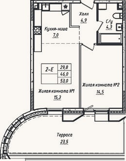 Планировка: 2-к, 46 м²