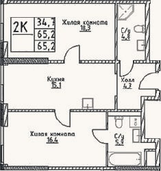 Планировка: 2-к, 65,2 м²