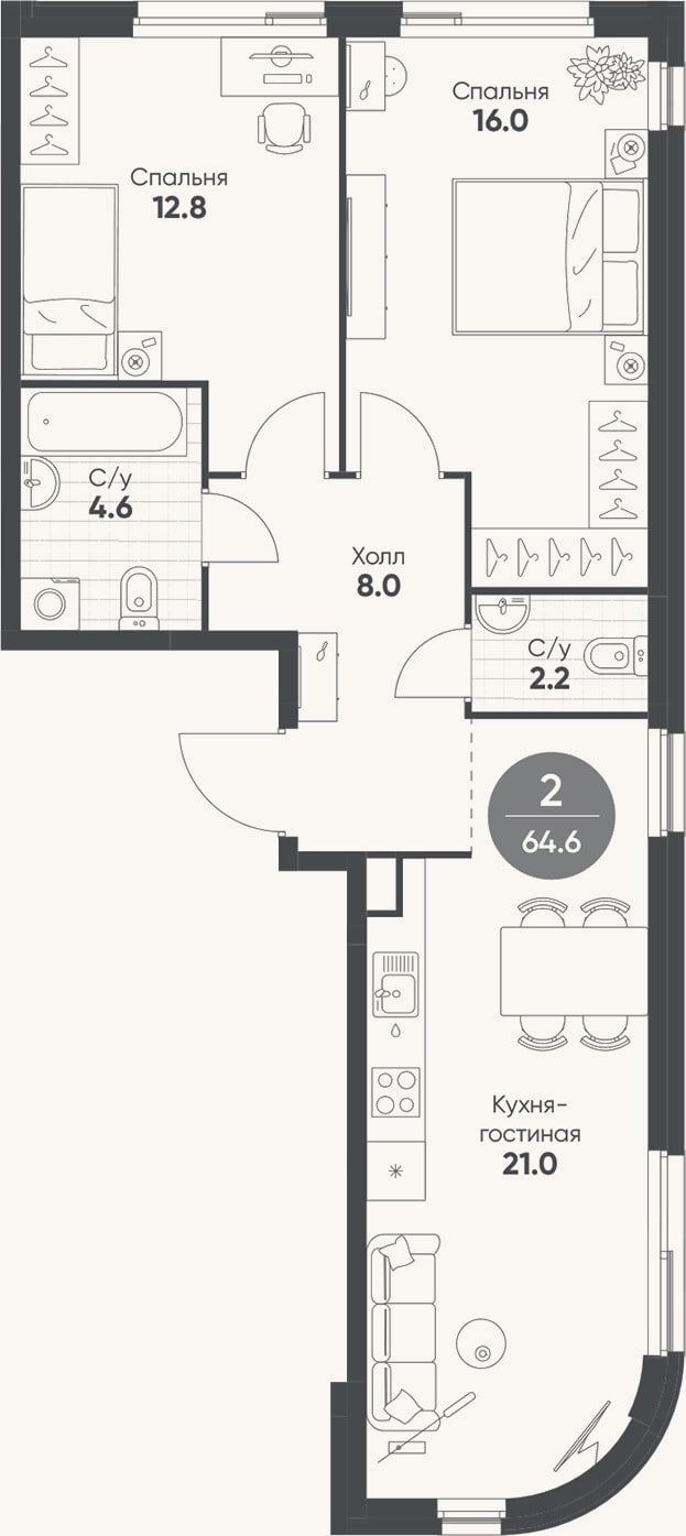 Планировка: 3-к, 64,6 м²