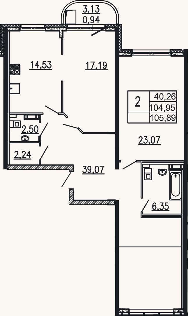 Планировка: 2-к, 105 м²