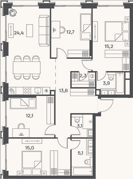 Планировка: 4+ к, 107,4 м²