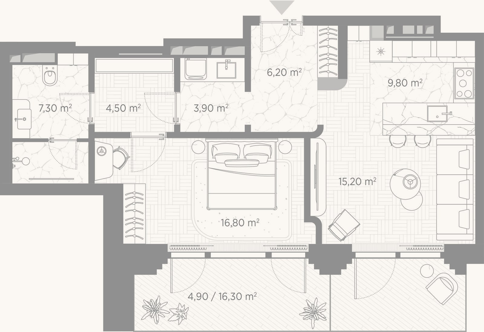 Планировка: 1-к, 63,7 м²