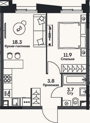 Планировка: 2-к, 37,7 м²