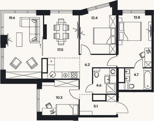 Планировка: 4+ к, 93,5 м²