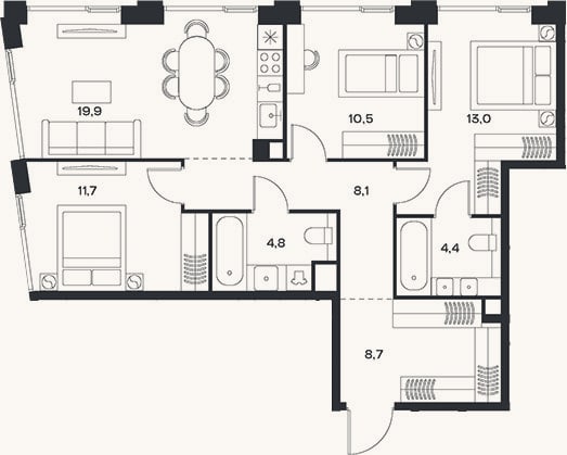 Планировка: 4+ к, 81,1 м²