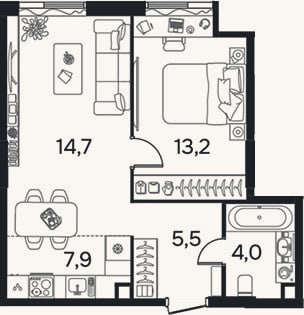 Планировка: 2-к, 45,1 м²