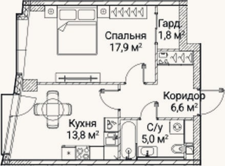 Планировка: 1-к, 45 м²