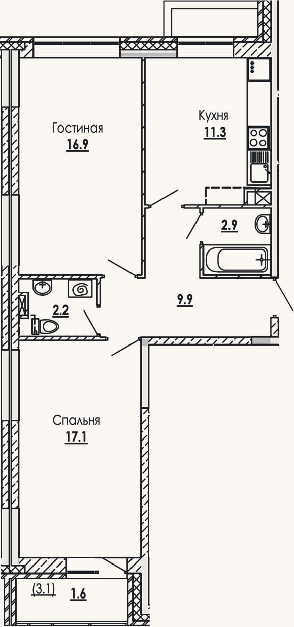 Планировка: 2-к, 60,3 м²